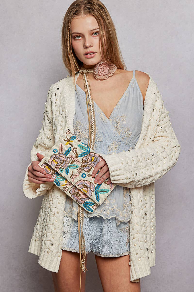 Floral Beaded Chain Strap Ivory Bag