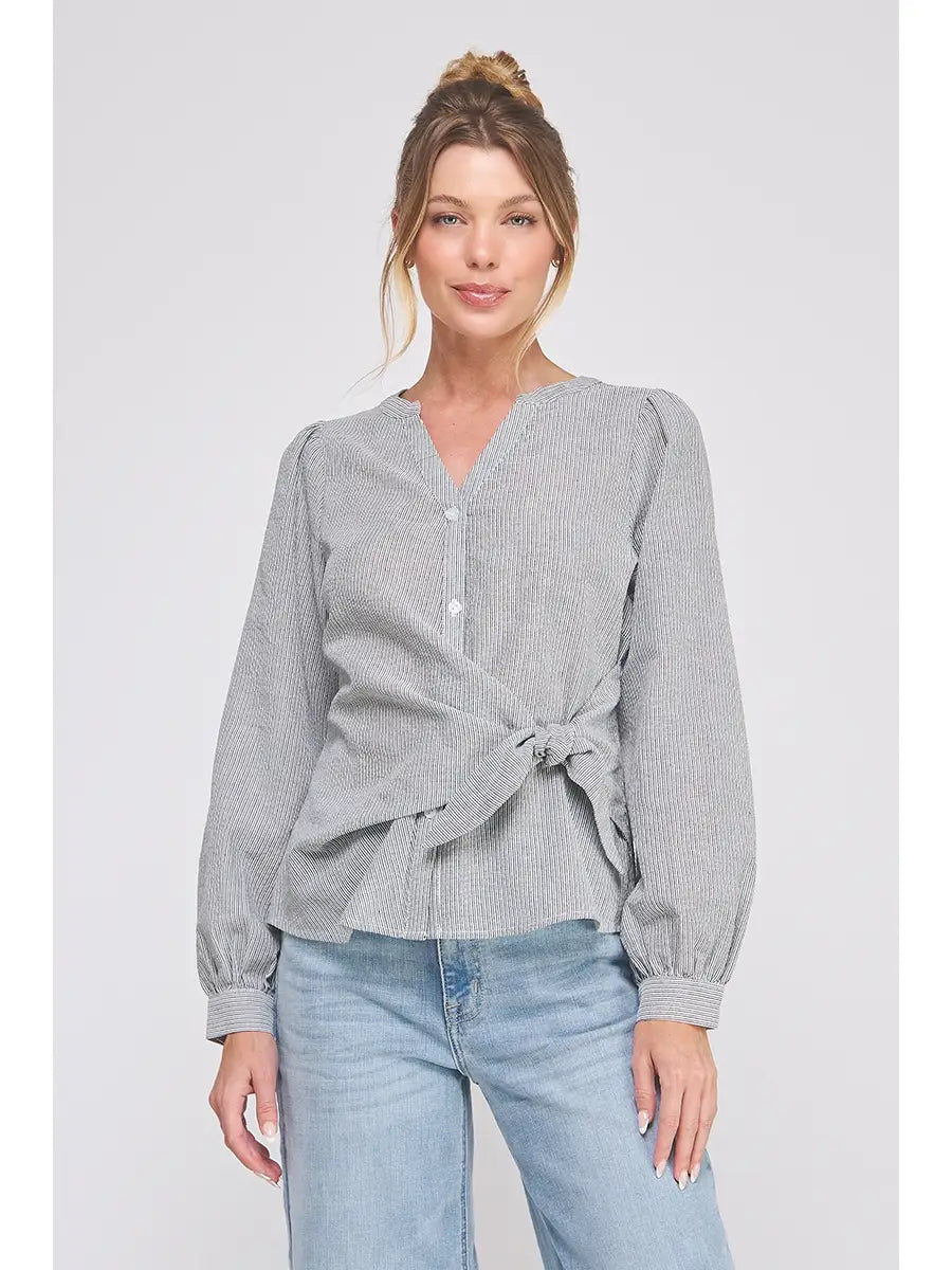 Side Wrap-Tie Button Up Blouse