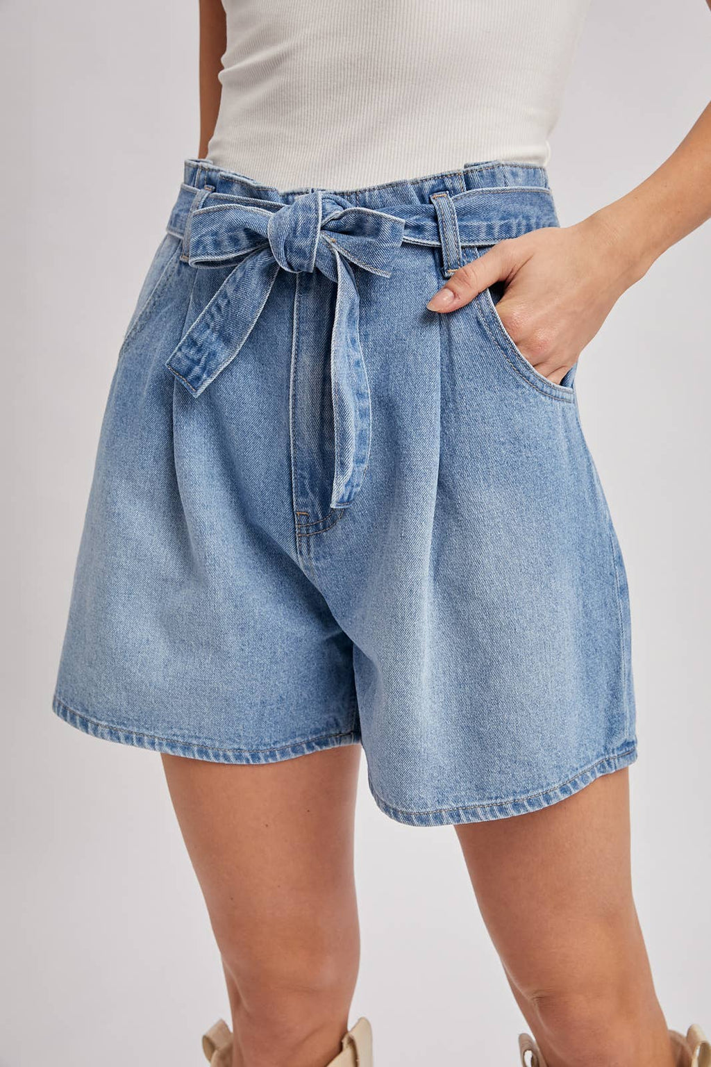 DENIM HIGH-WAIST SELF-TIE BOW SHORTS
