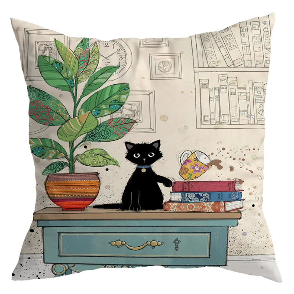 Vintage Cat & Coffee Spill Pillow