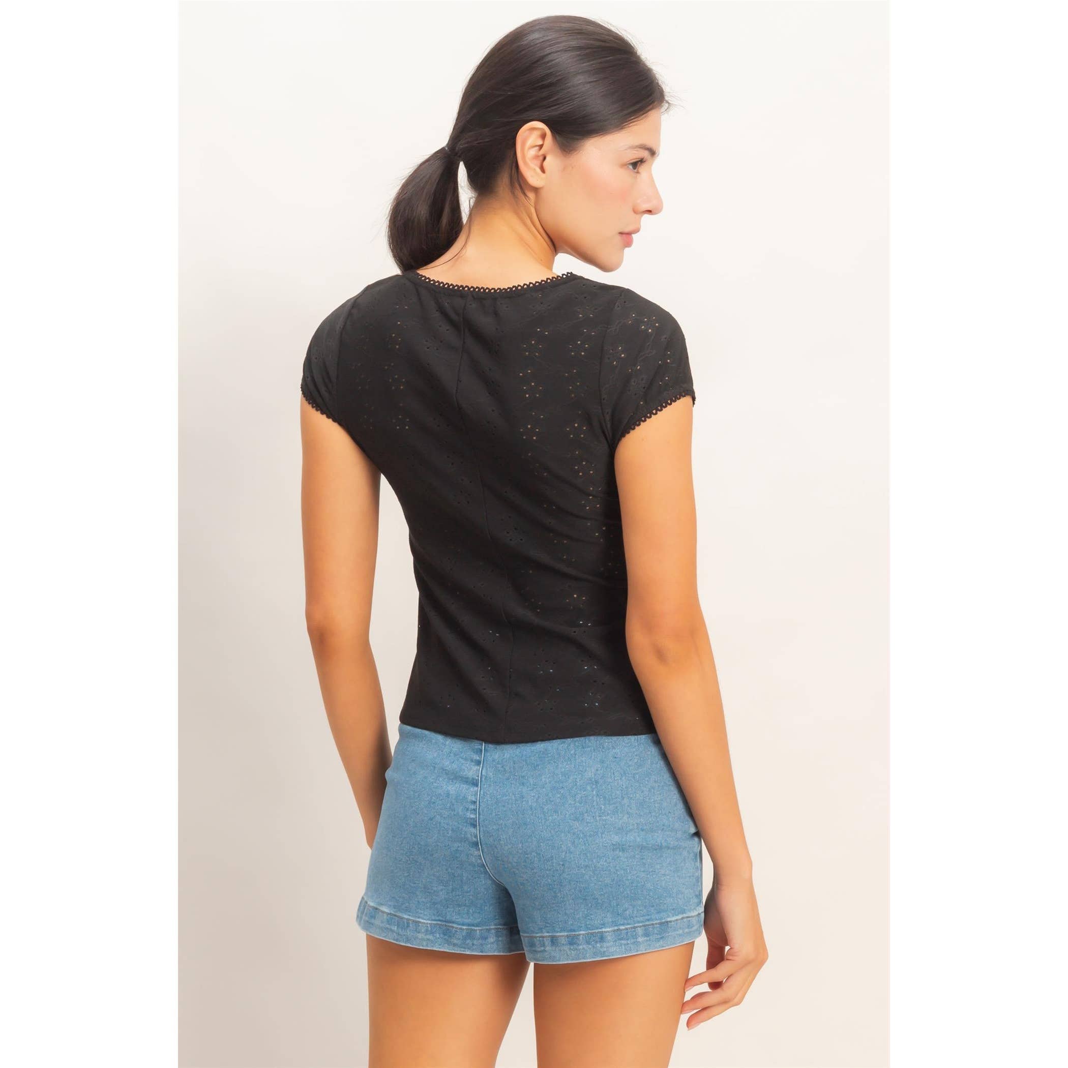 Black Eyelet Button Front Top