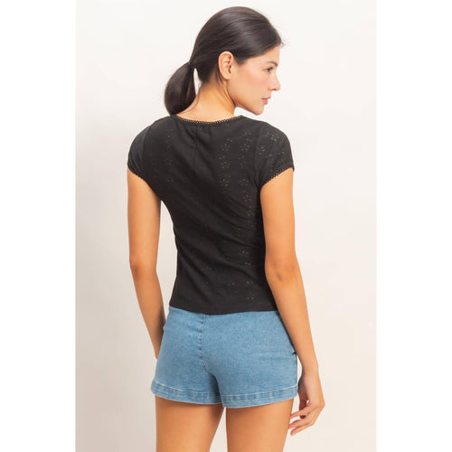Black Eyelet Button Front Top