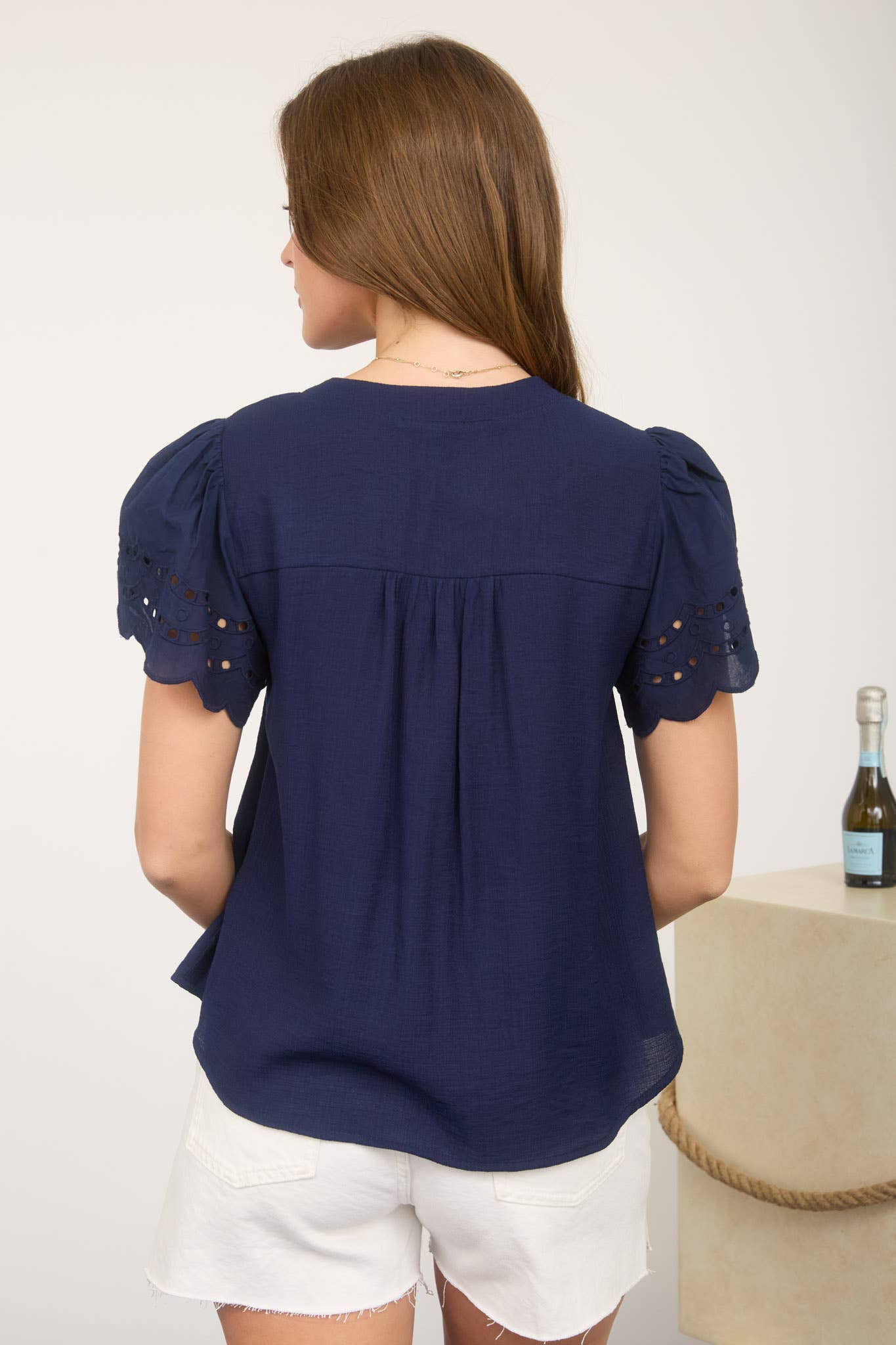 NAVY EYELET  SCALLOP TOP