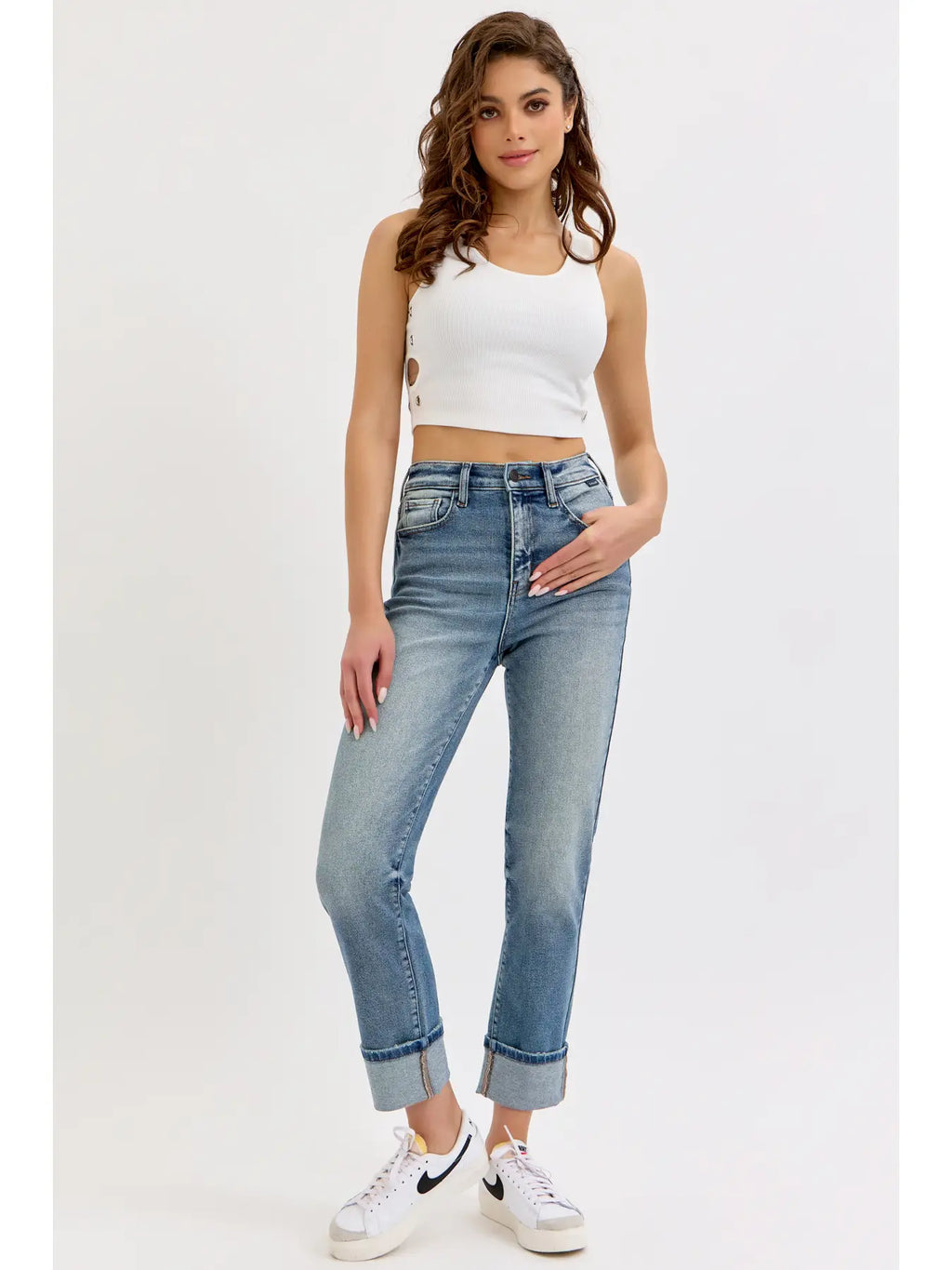 High Rise Cuff Stretch Denim