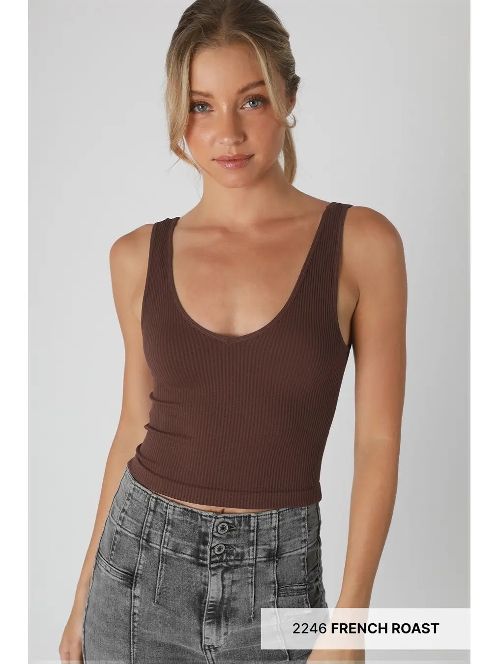 Ribbed Knit Crop Top – Convertible Neckline-French Roast