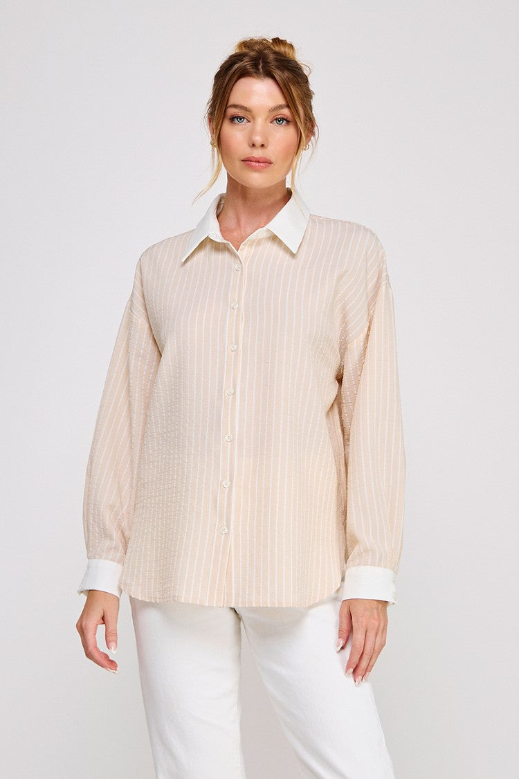 Sand Crinkle Strip Button Up