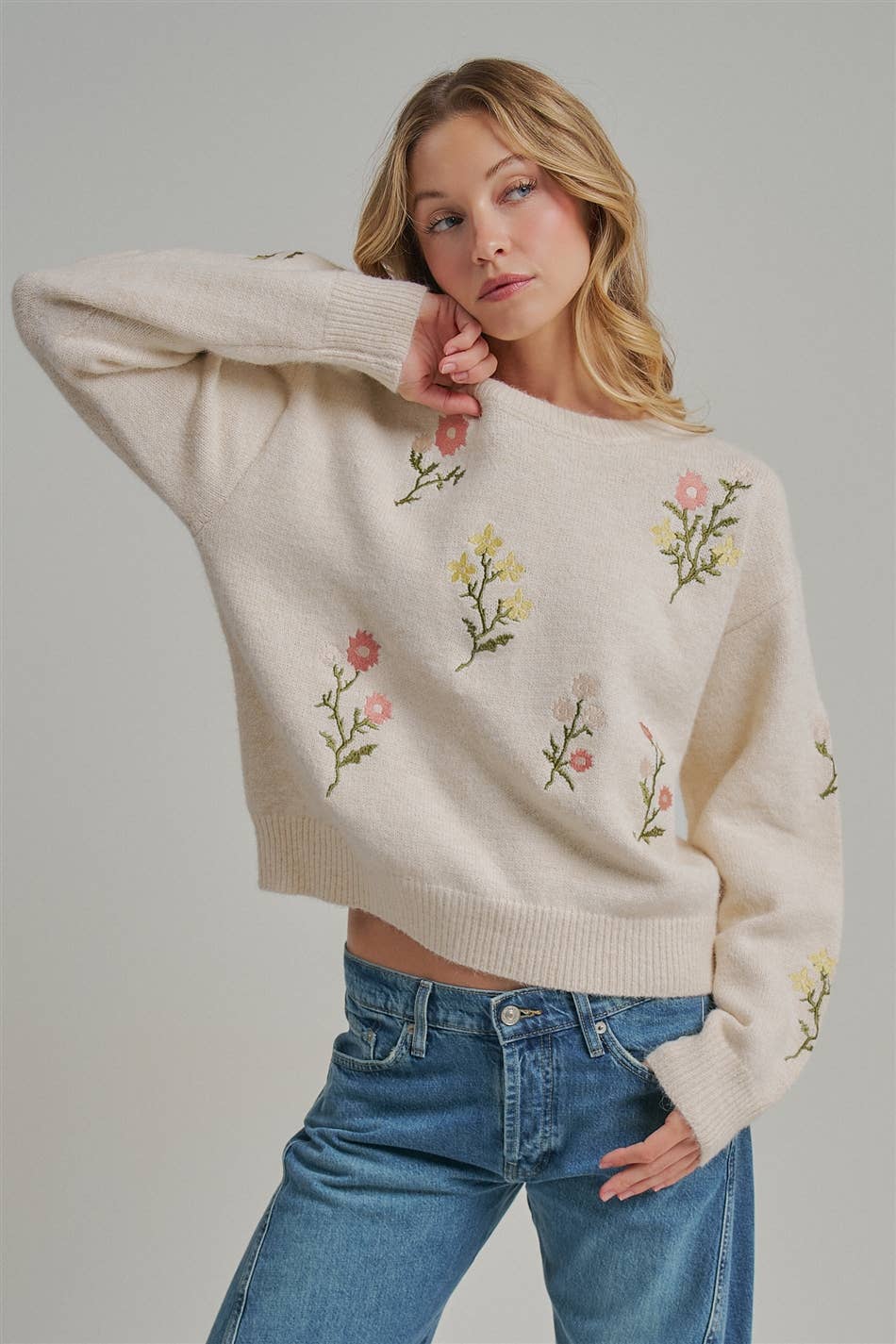 Scattered Embroidered Floral Sweater