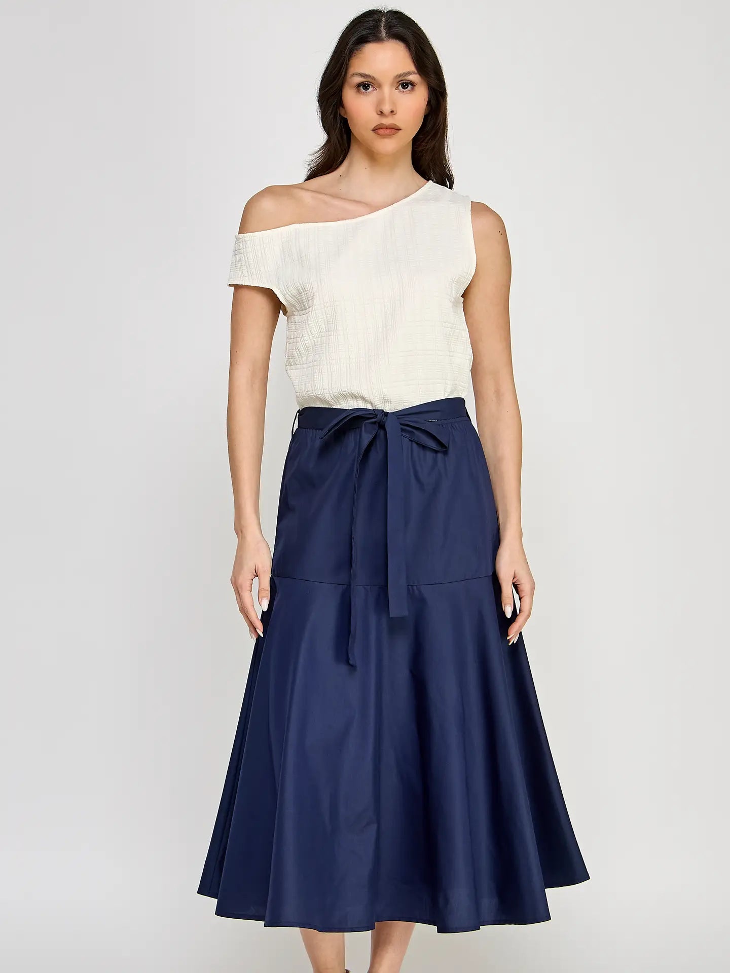 One Off Shoulder Belted Two Toned Dress