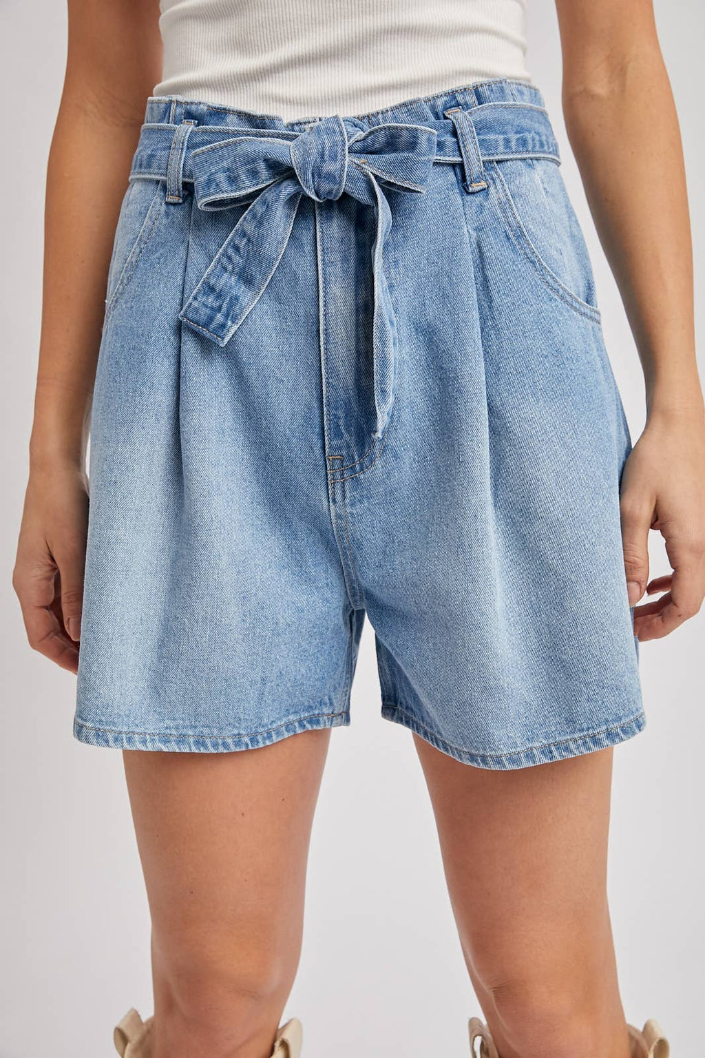 DENIM HIGH-WAIST SELF-TIE BOW SHORTS