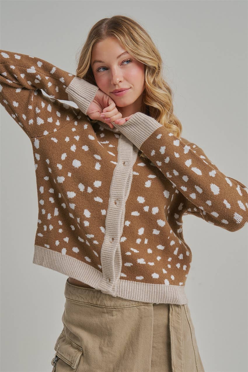Deer Pattern Contrast Trim Cardigan