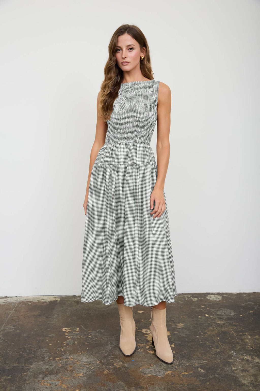 Smocked Gingham Midi Dress