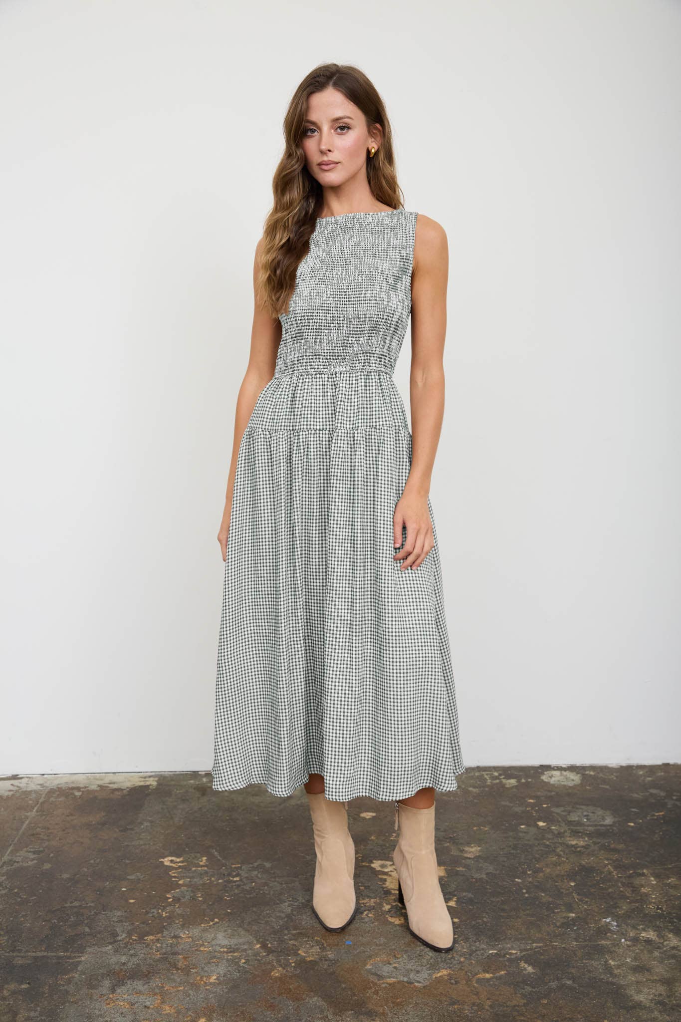 Smocked Gingham Midi Dress