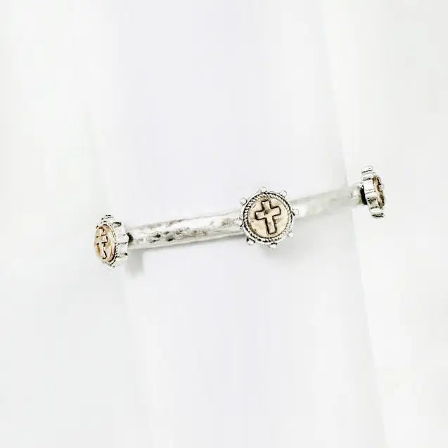Stamped Cross Coin Stretch Bracelet