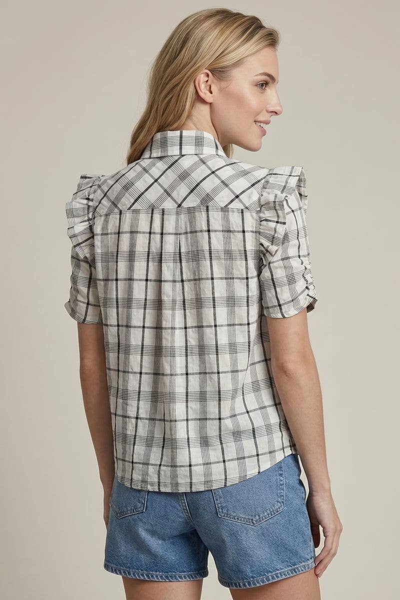 PLAID RUFFLE SLEEVE BUTTON DOWN