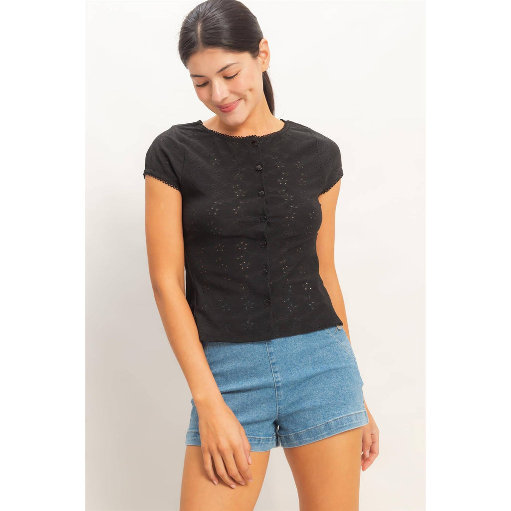 Black Eyelet Button Front Top
