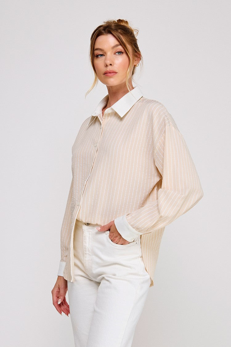 Sand Crinkle Strip Button Up