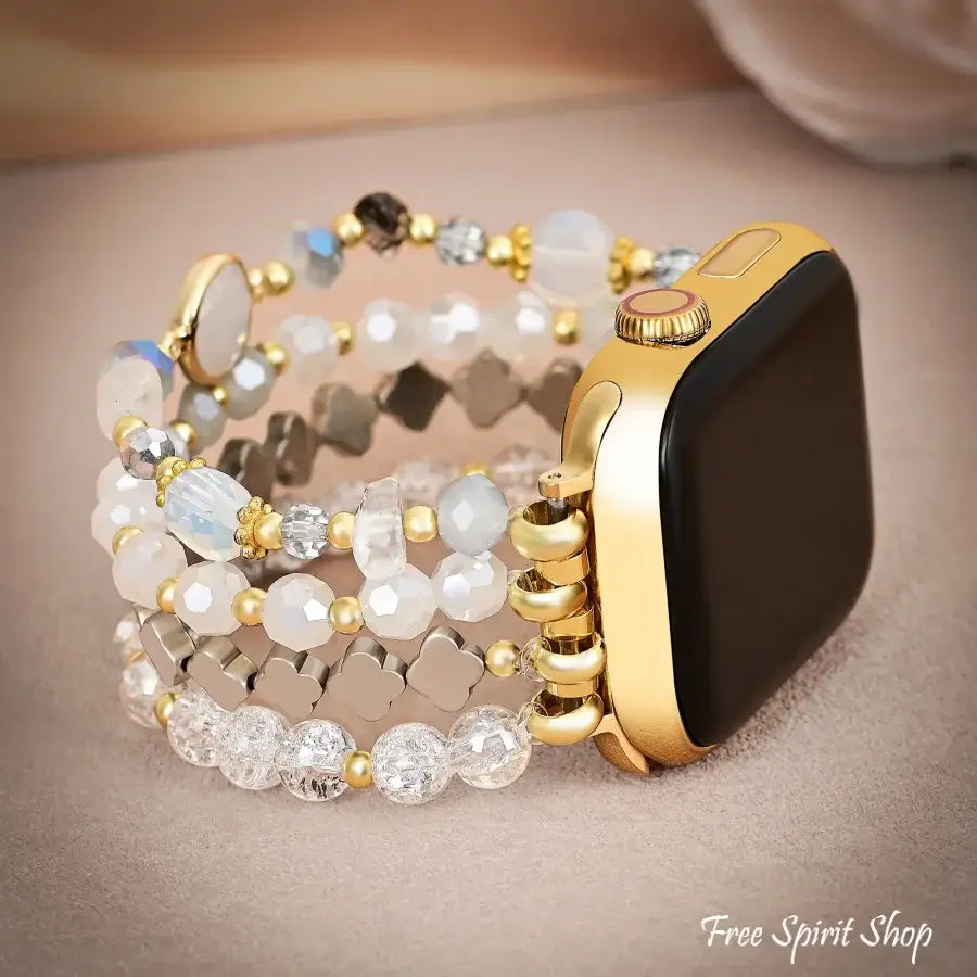 White Crystal Glow Beaded Apple Watch Band