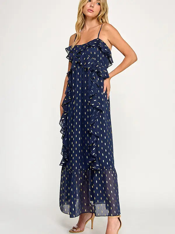 Chiffon Gold Foil Pattern Print Maxi Dress