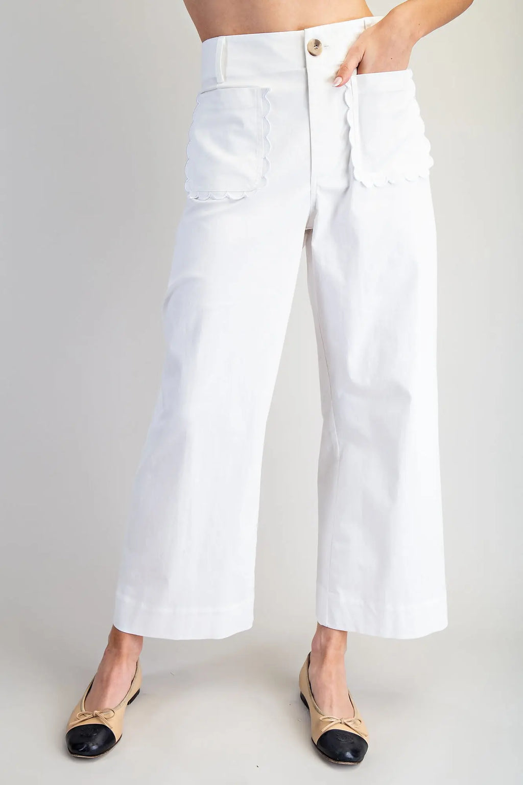 White Scalloped Pocket Straight Leg Pant
