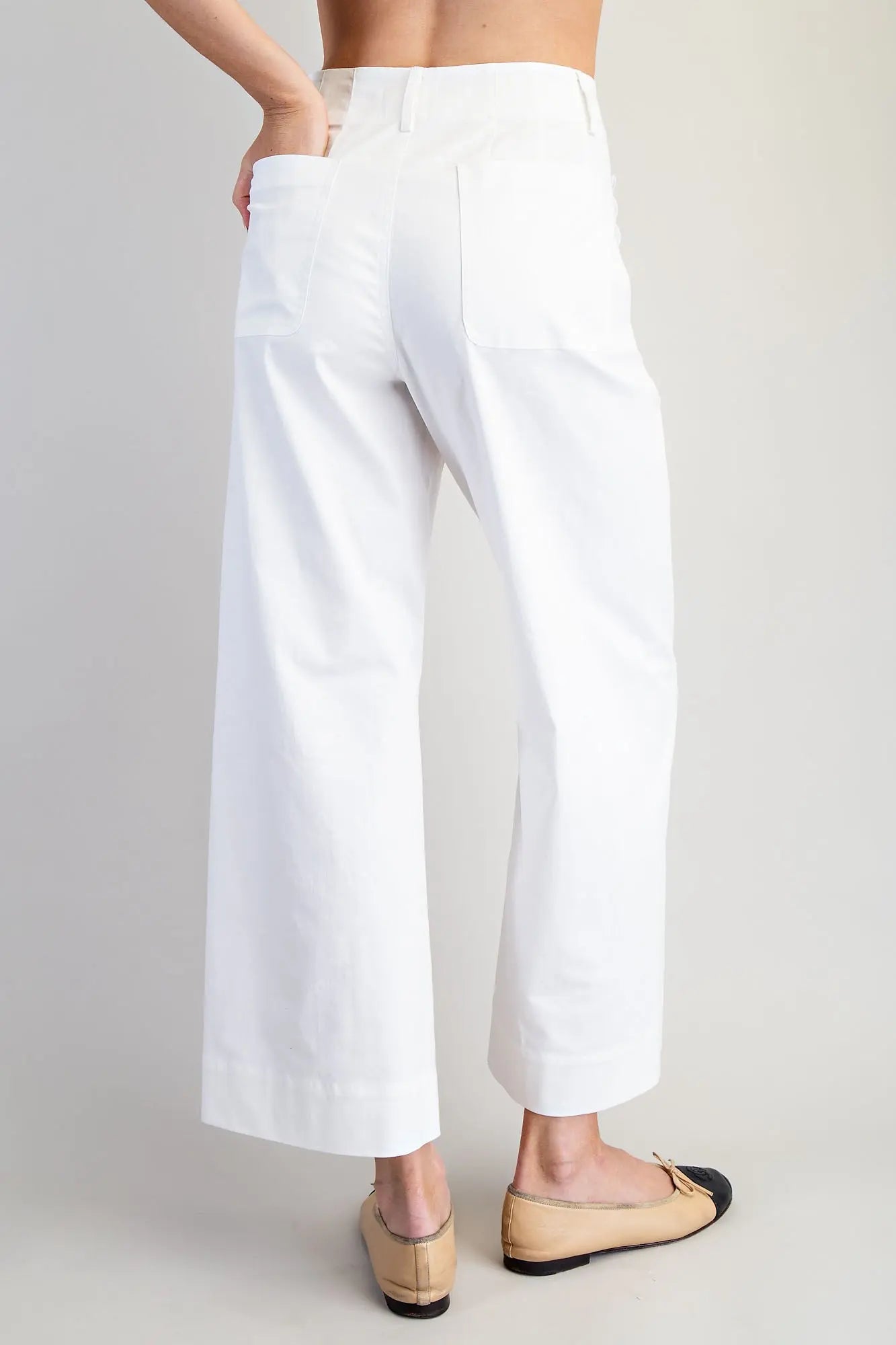 White Scalloped Pocket Straight Leg Pant