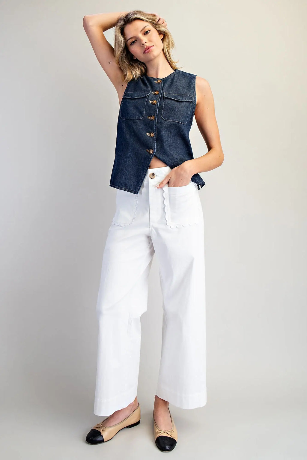 White Scalloped Pocket Straight Leg Pant