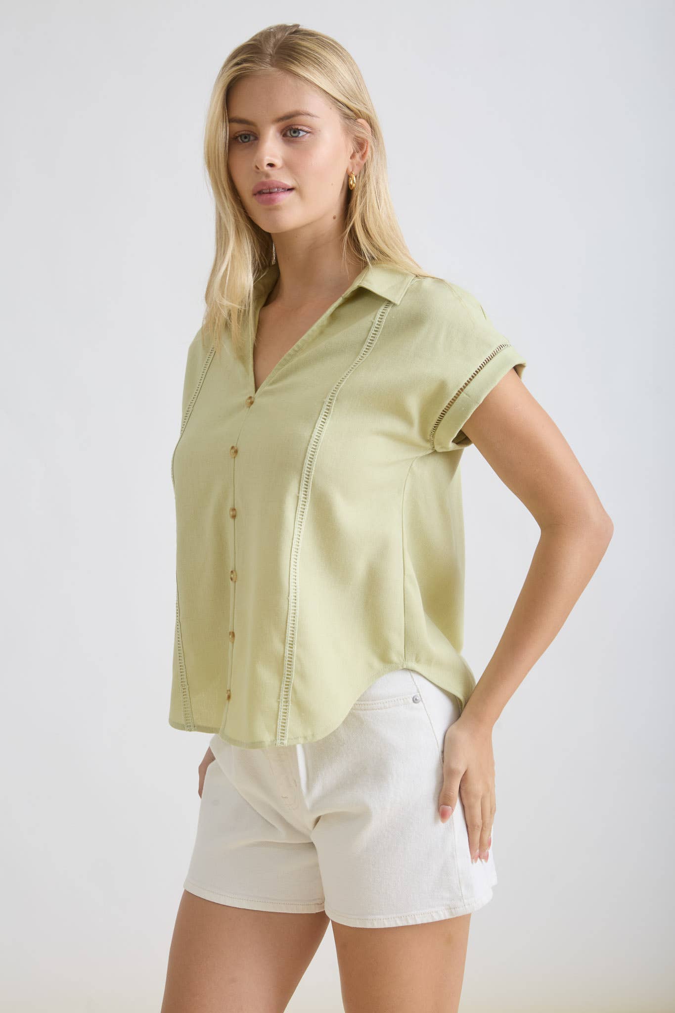Light Olive Button Down Detail Top