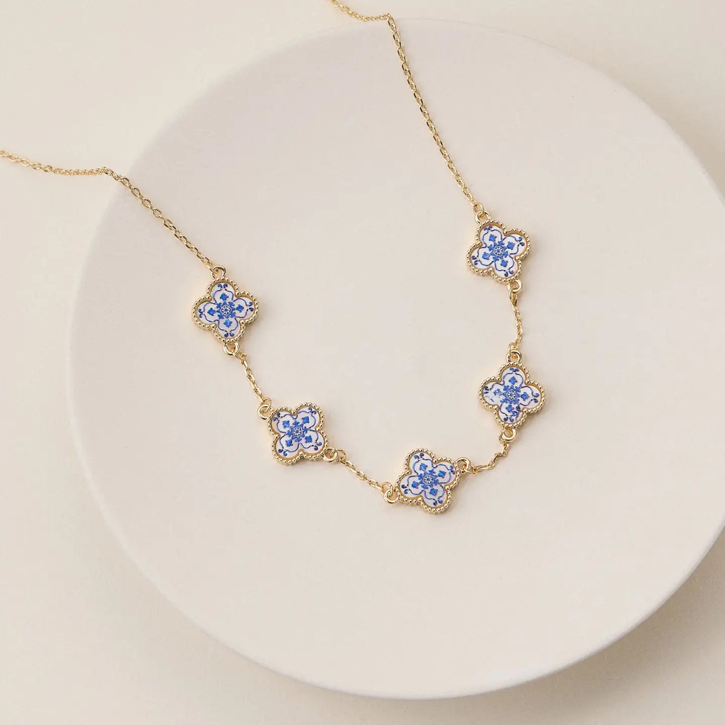 Blue Floral Clover Enamel Necklace – Gold Tone