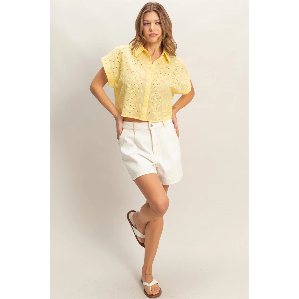 Eyelet Cropped Button-Up Shirt