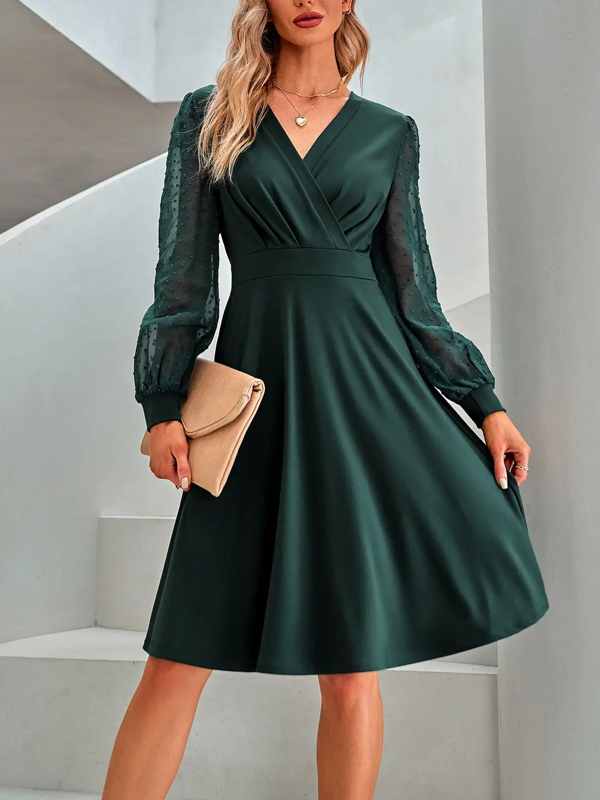 Women’s V-Neck Sheer Long Sleeve Dress