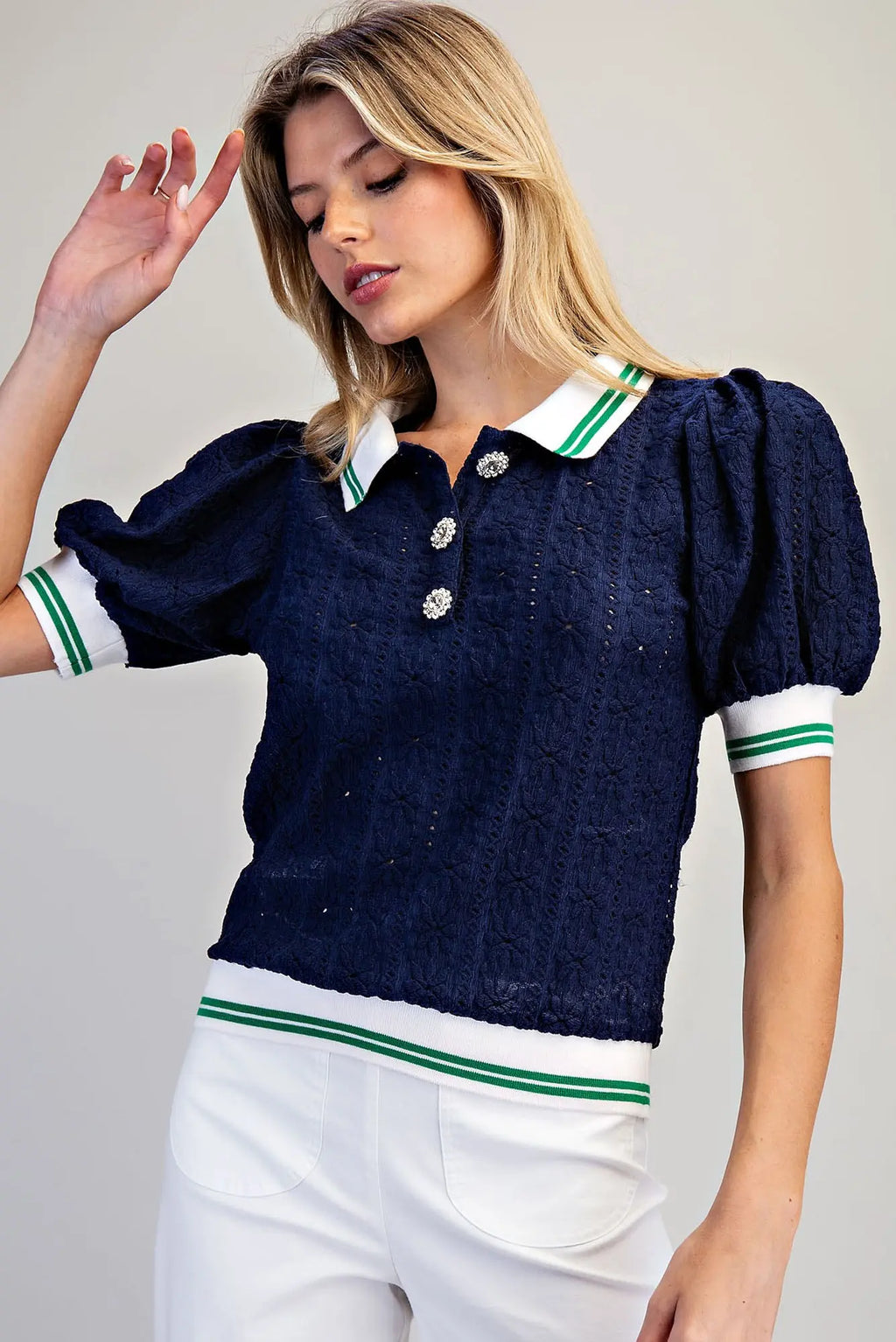 Navy Puff Sleeve Eyelet Top