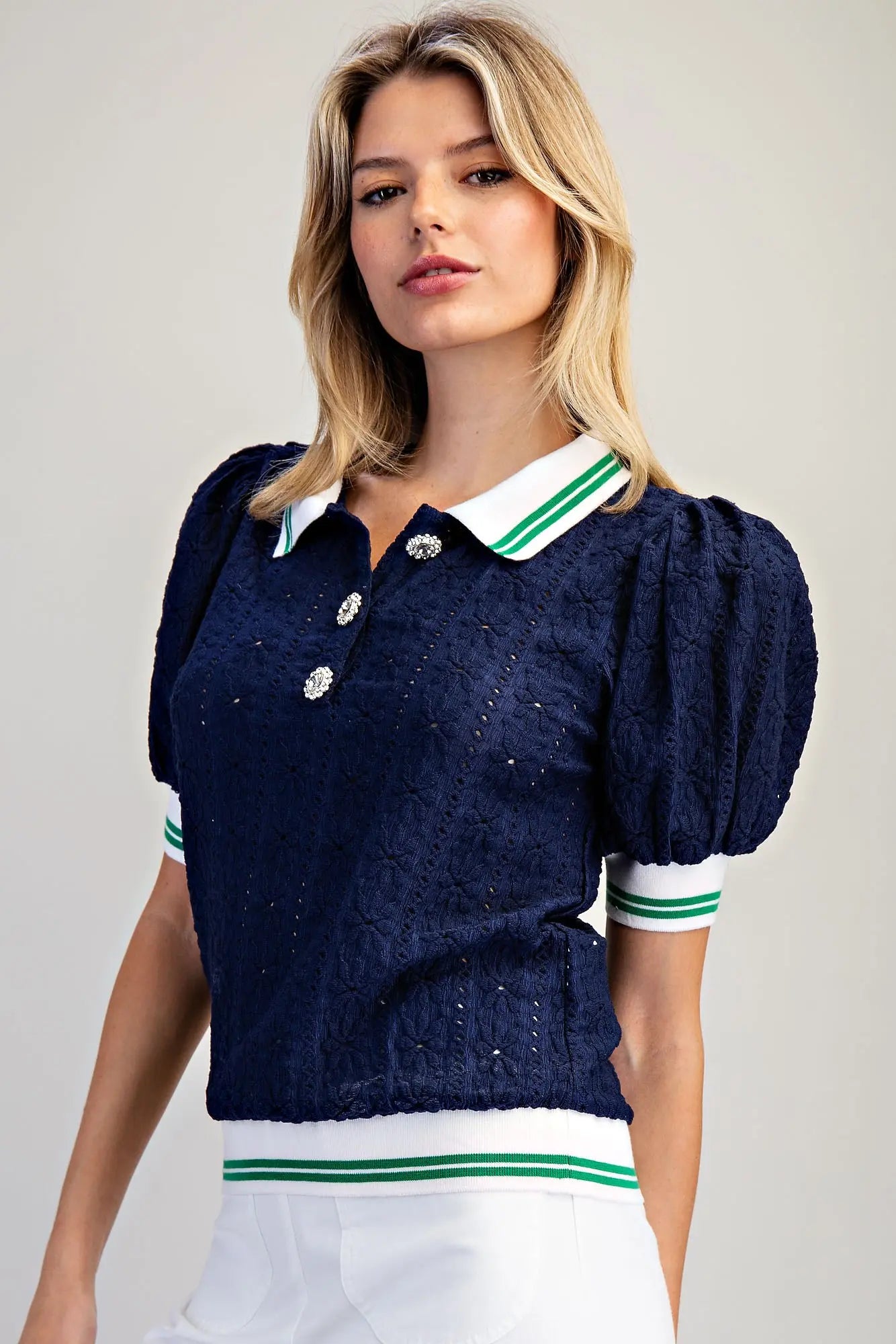 Navy Puff Sleeve Eyelet Top