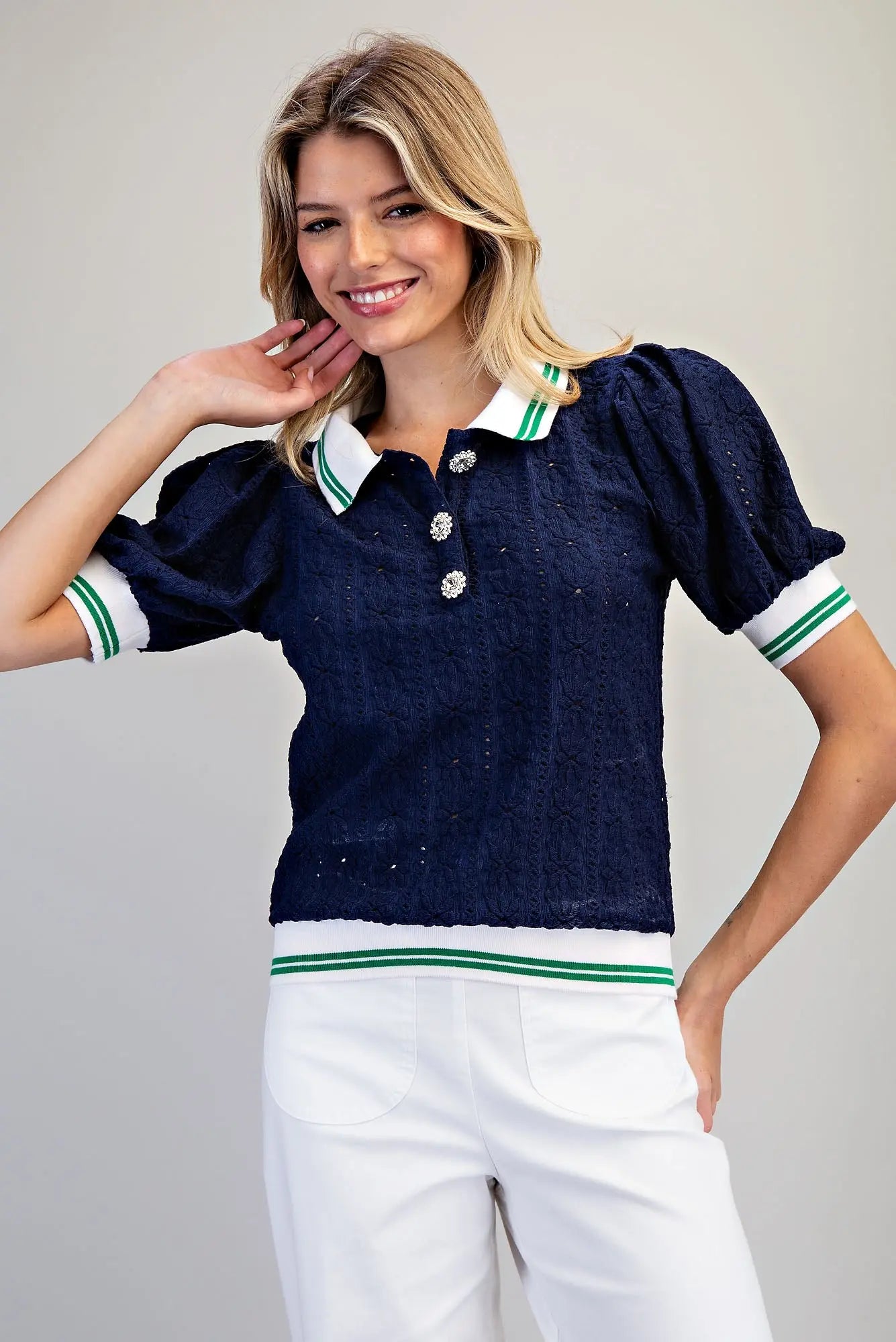 Navy Puff Sleeve Eyelet Top
