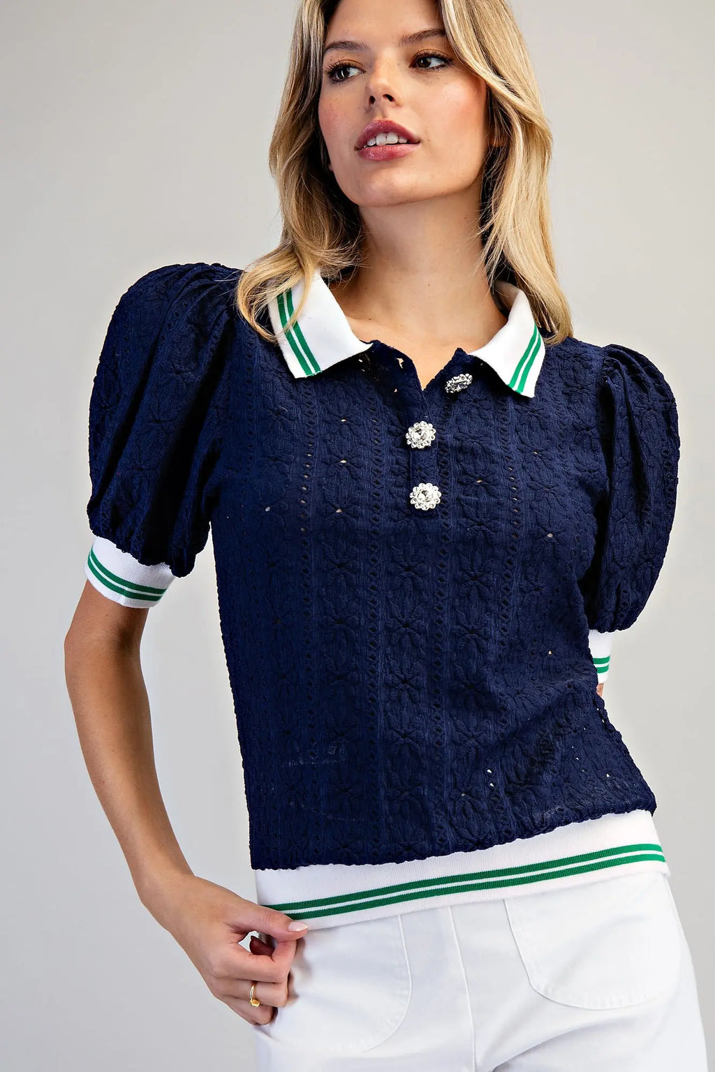 Navy Puff Sleeve Eyelet Top