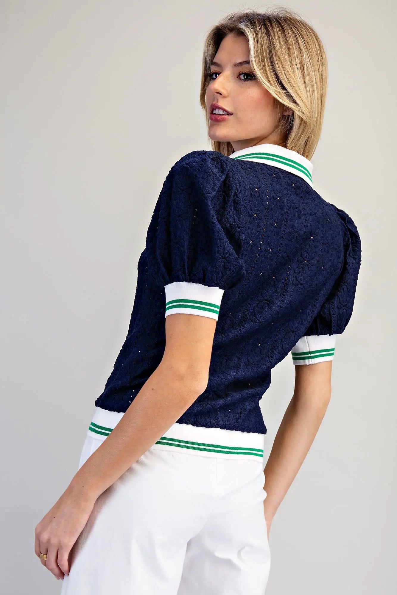 Navy Puff Sleeve Eyelet Top
