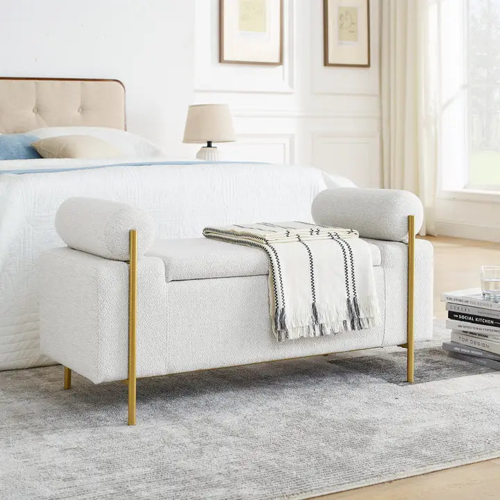 White/Beige/Green Linen Storage Bench - Iron Legs