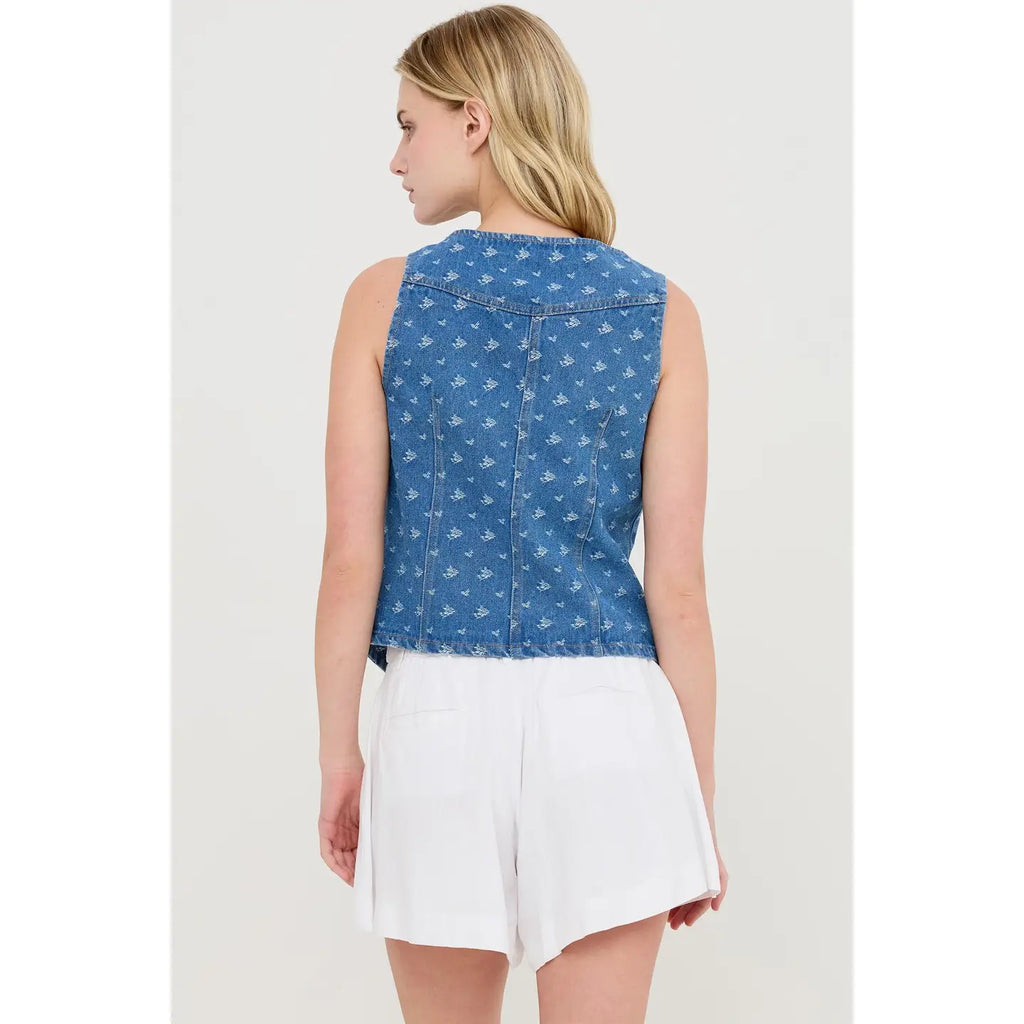 V-Neck Button Front Floral Denim Vest