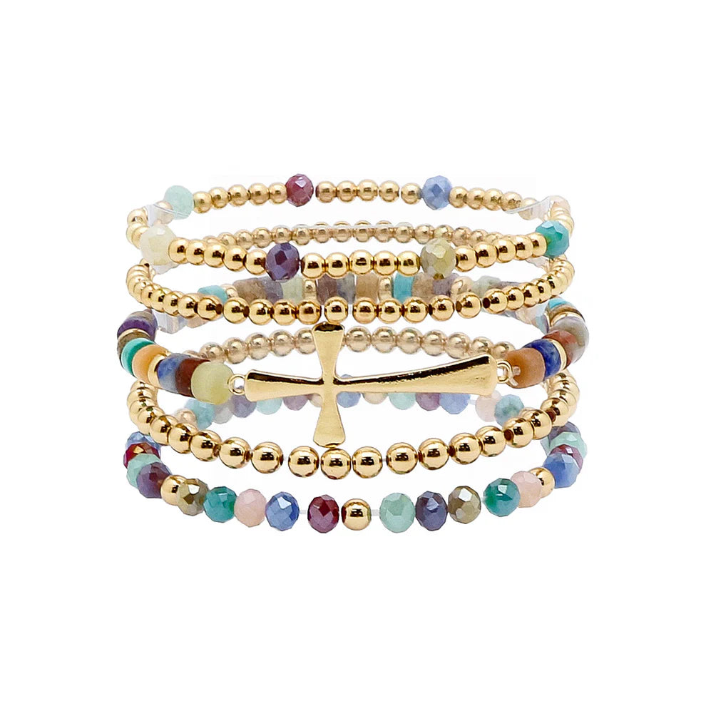 Set of 5 Gold, Multi Crystal, & Gold Cross Stretch Bracelet
