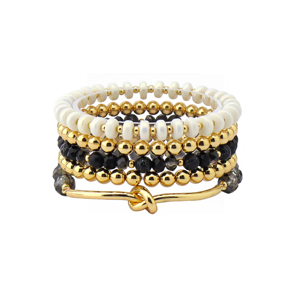 Set of 5 Stretch Bracelets – White Natural Stone, Black Crystal & Gold