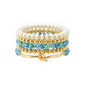 Set of 5 Stretch Bracelets – White Natural Stone, Teal Crystal & Gold