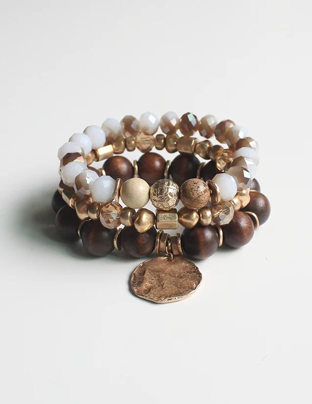 Set of 3 Stretch Bracelets – Brown, Gold & Natural Stone