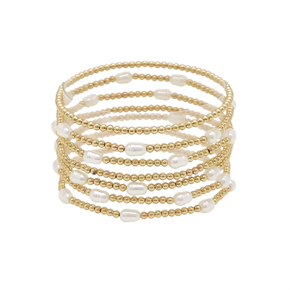 Gold Beaded with Pearl Set of 7 Stretch Bracelets
