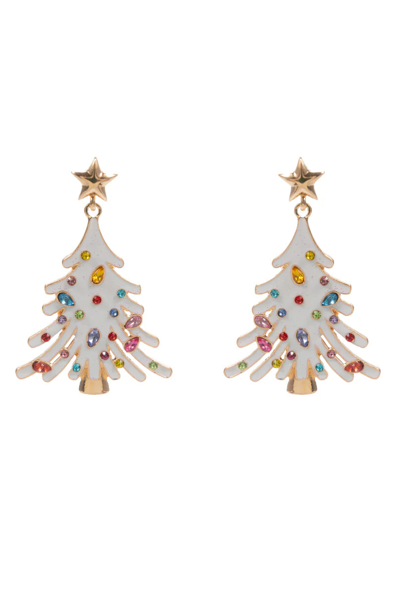 White Enamel Christmas Tree with Rhinestones 2" Earring
