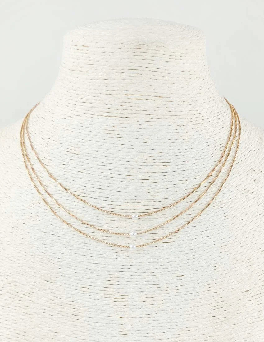 Triple Layered Gold Chain with Small Pearl