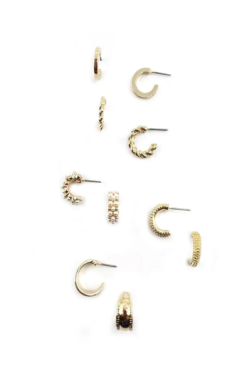 Set of 5 Small Huggie Textured and Pearl Hoops on Leather Card Earrings