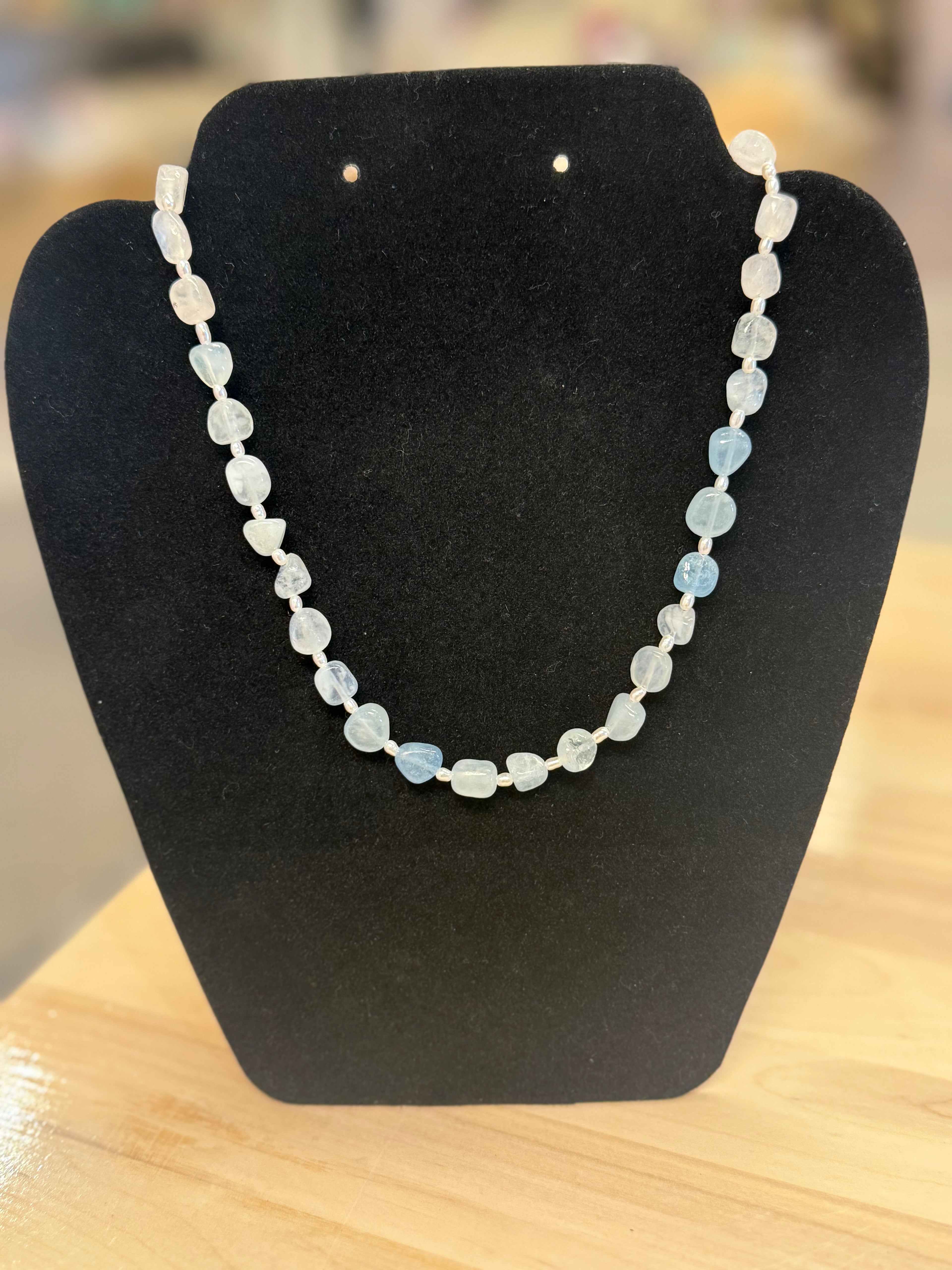 Blue Jade Nugget and Pearl Necklace