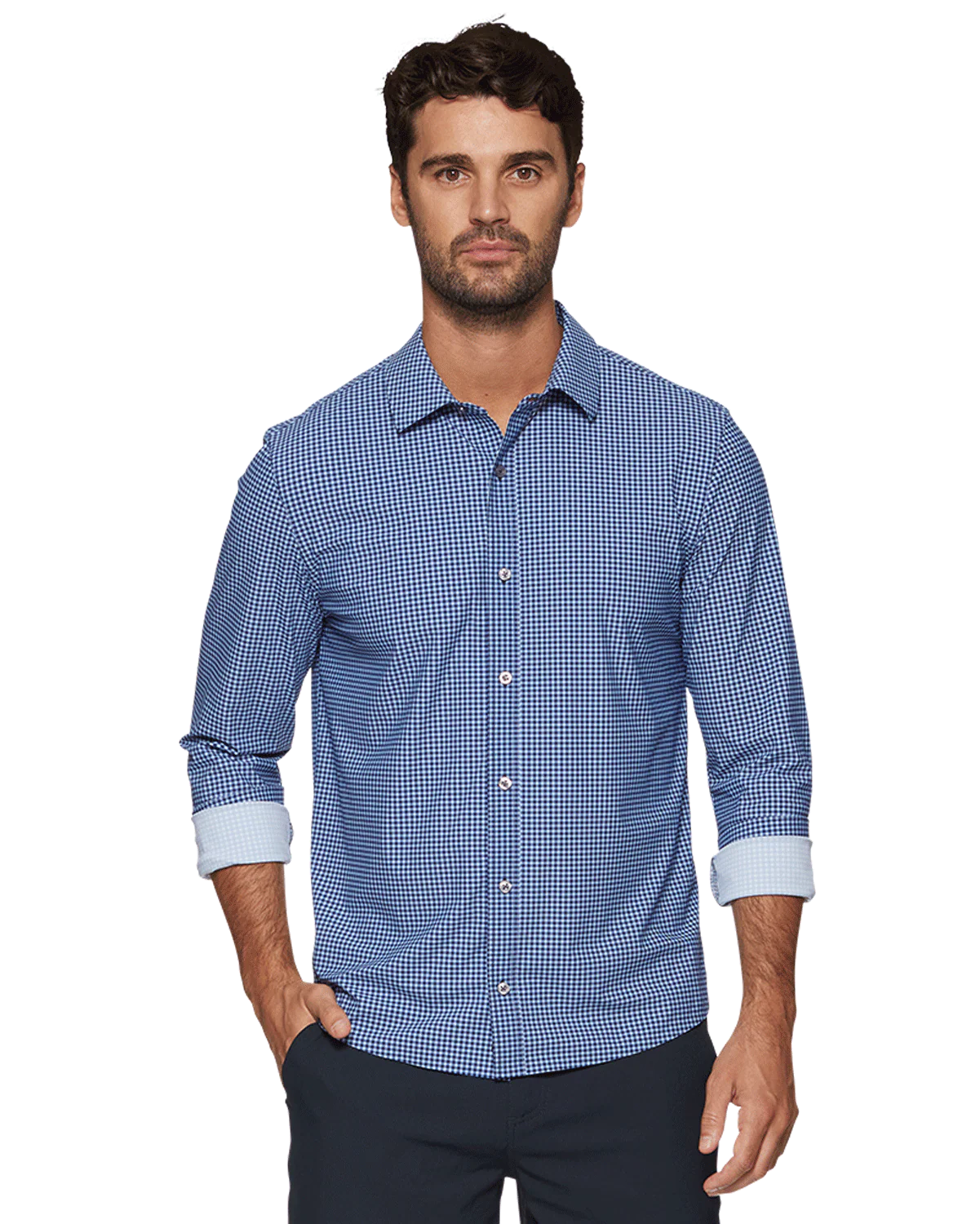 Navy Gingham Stretch Shirt