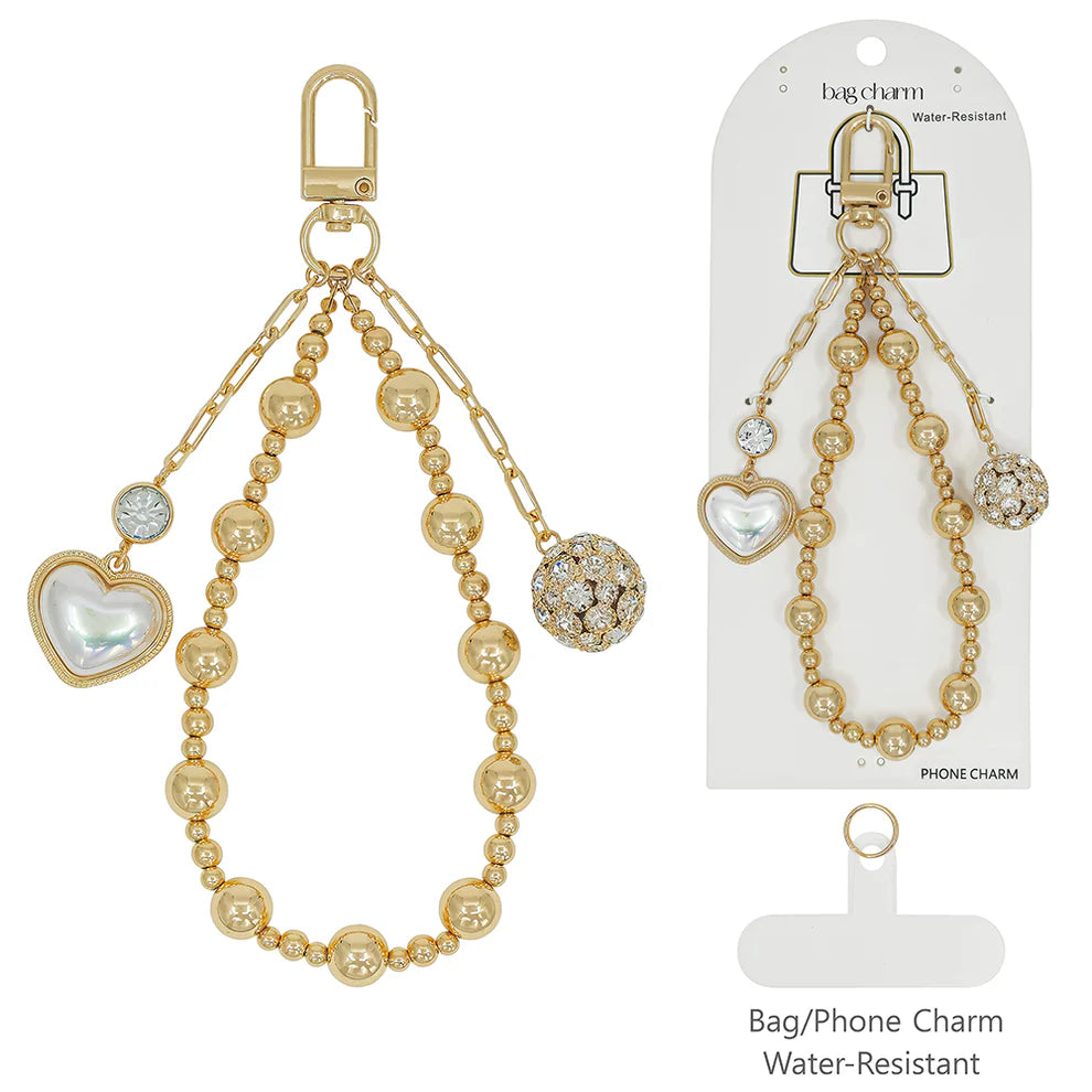 Gold Beaded Chain with Pearl Heart Bag Charm