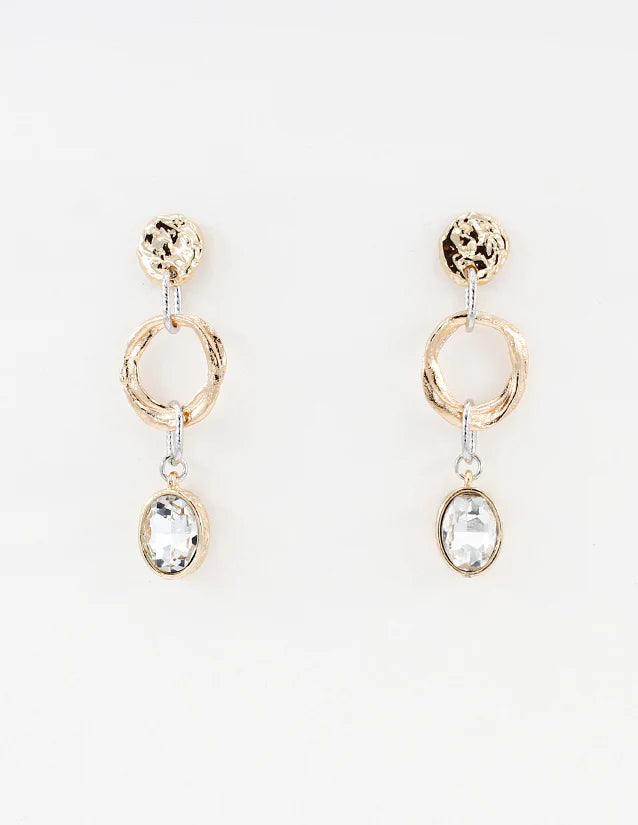 Gold Hammered Coin with Open Silver Circle and Clear Rhinestone 2" Drop Earring