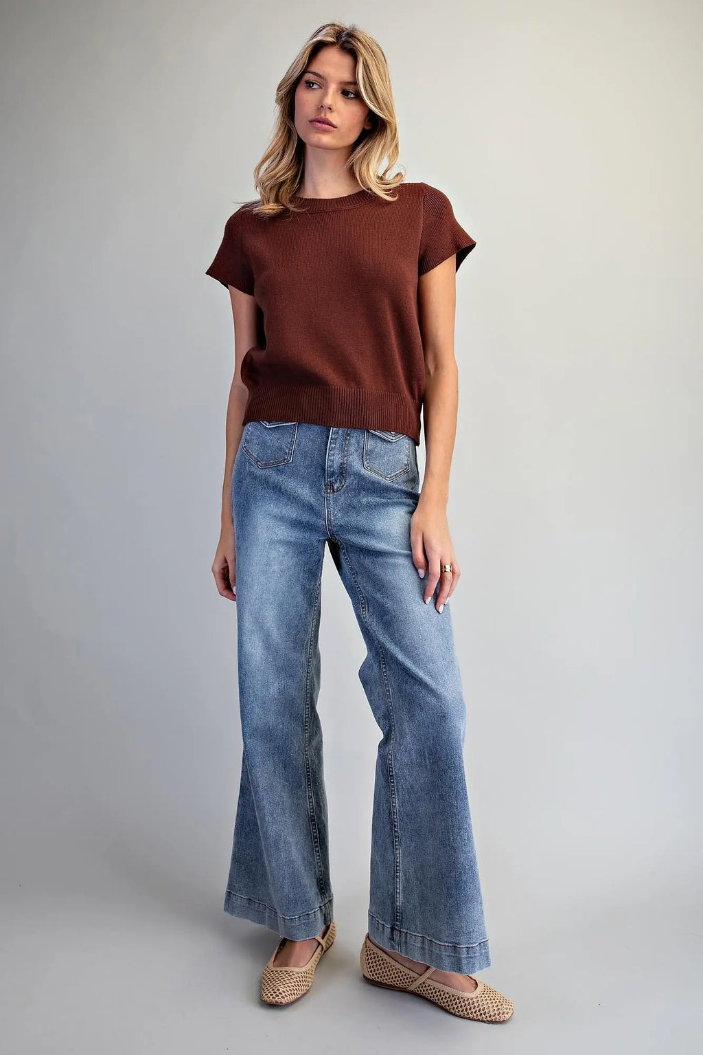Pecan Short Sleeve Knit Top