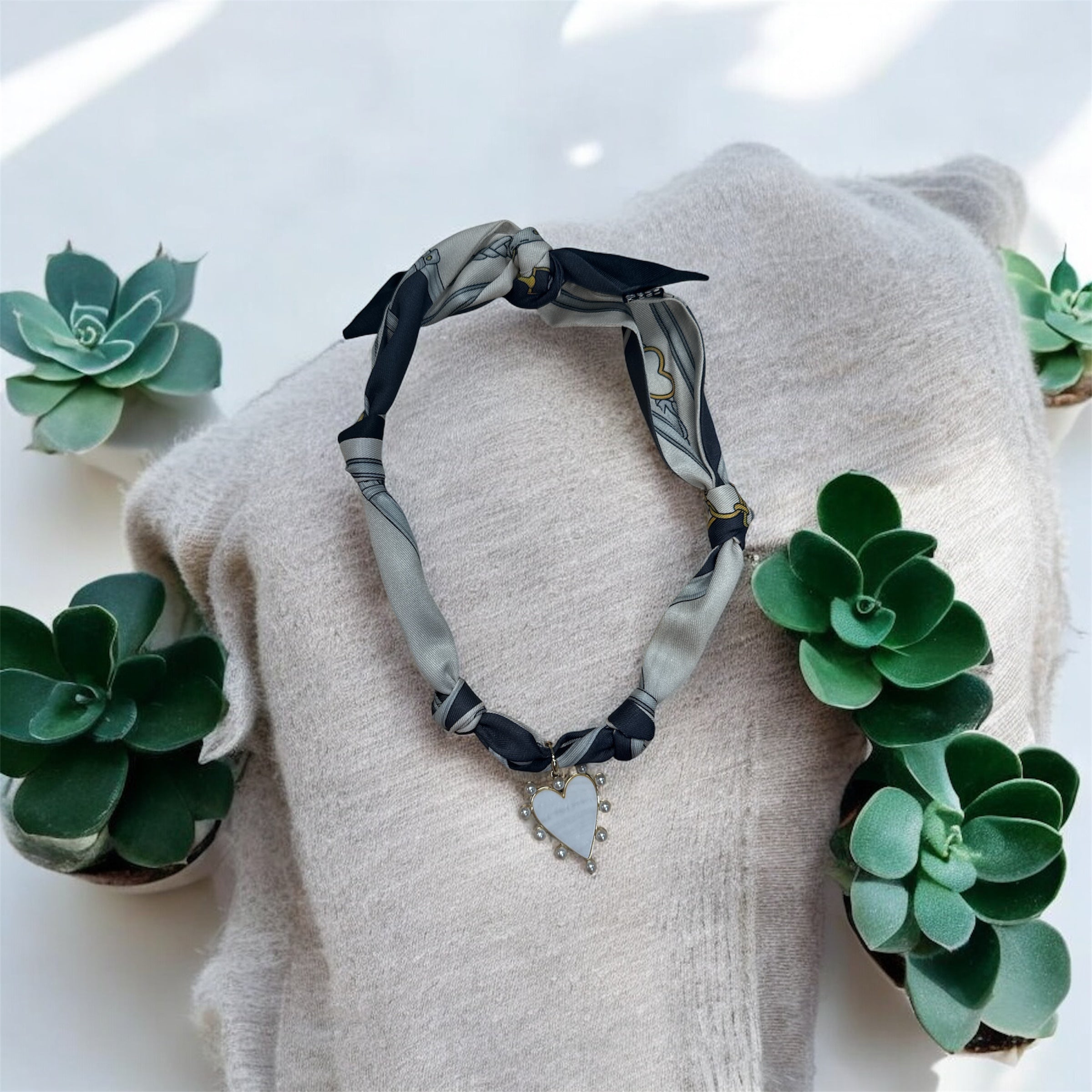 Grey & White Knotted Scarf with Pearl Heart Necklace